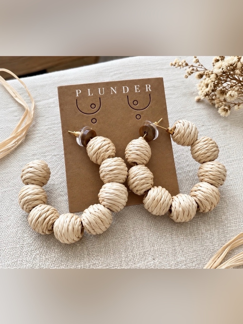 Plunder Cream Rattan Bead Hoop Earrings with Gold Posts